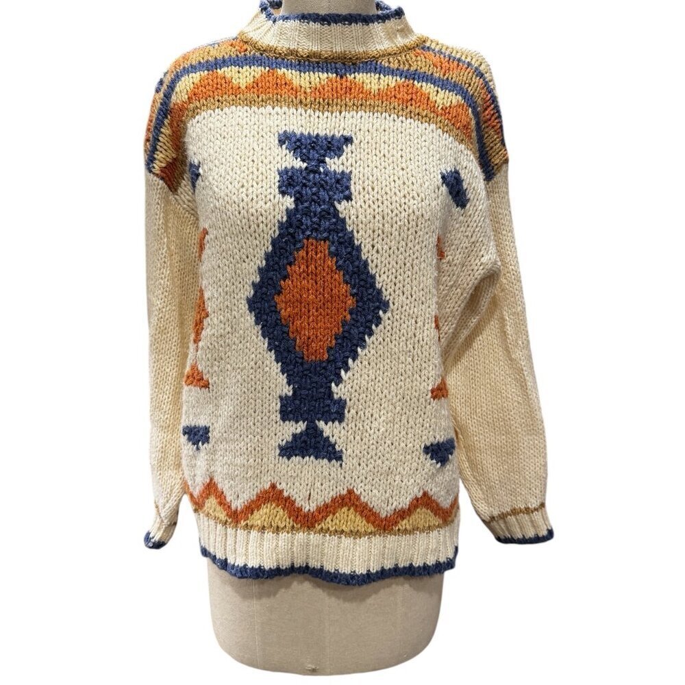 Vintage Country Concepts Hand-Knit Sweater – 80s/90s Geometric Pullover – Size L